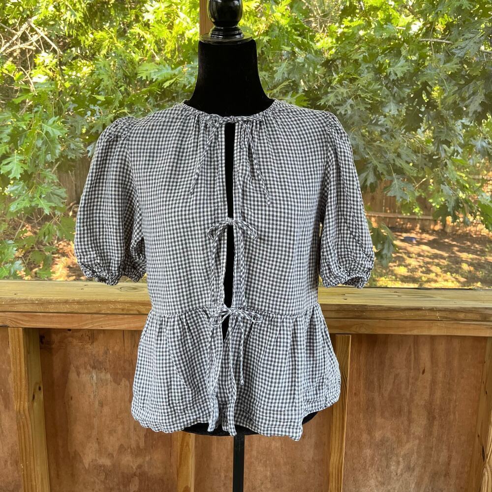Wilfred Blue and White Gingham Tie-Front Peplum Blouse